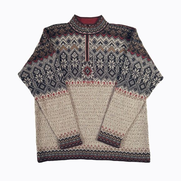alpaca Other - Intiwara Alpaca Handknit Men Grecas Sweater SzL Nordic Fair Aisle Bolivian Beige